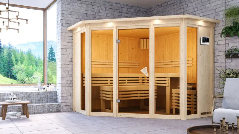 Sauna "Dilja" SET mit bronzierter Tür und Kranz - Farbe: Natur, Ofen BIO 9 kW - 245 x 245 x 202 cm (B x T x H)