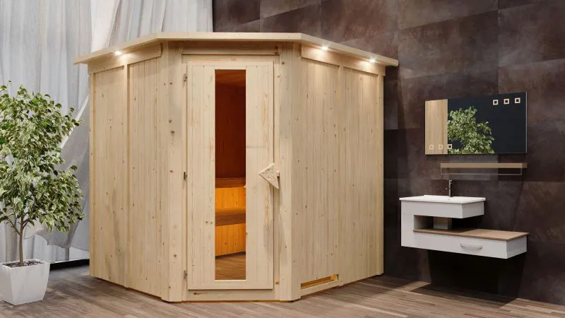 Sauna "Nooa" mit Kranz und Energiespartür - Farbe: Natur - 210 x 210 x 202 cm (B x T x H)