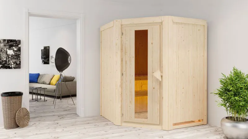 Sauna "Eetu" SET mit Energiespartür - Farbe: Natur, Ofen BIO 9 kW - 151 x 151 x 198 cm (B x T x H)