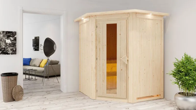 Sauna "Eetu" SET mit Energiespartür und Kranz - Farbe: Natur, Ofen externe Steuerung easy 9 kW - 165 x 165 x 202 cm (B x T x H)