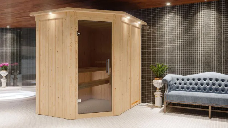Sauna "Mika" SET mit graphitfarbener Tür und Kranz - Farbe: Natur, Ofen BIO 9 kW - 165 x 210 x 202 cm (B x T x H)