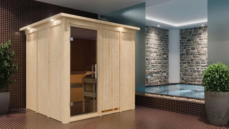 Sauna "Aleksi" mit graphitfarbener Tür und Kranz - Farbe: Natur - 210 x 210 x 202 cm (B x T x H)