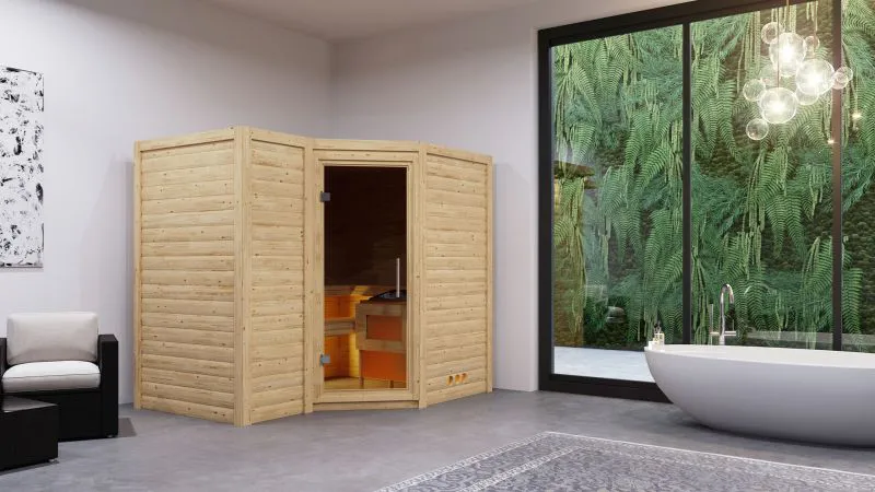 Sauna "Tjara 2" SET mit graphitfarbener Tür - Farbe: Natur, Ofen externe Steuerung easy 9 kW - 236 x 184 x 209 cm (B x T x H)