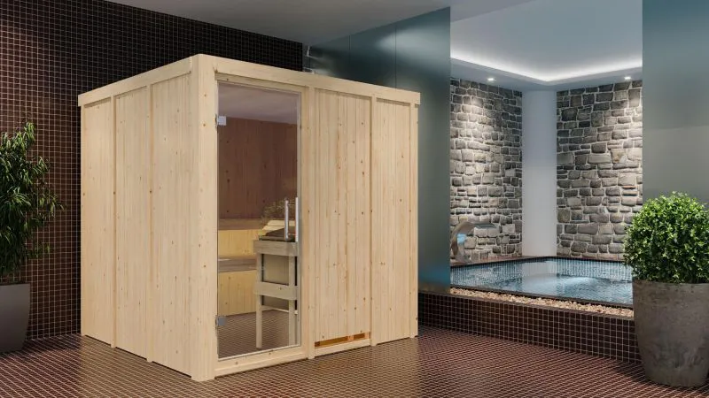 Sauna "Aleksi" SET mit Klarglastür & Ofen BIO 9 kW - 196 x 196 x 198 cm (B x T x H)