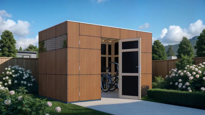 Gartenhaus Frankfurt 02, Gerätehaus in Walnussfarben - Elementgartenhaus, Grundfläche: 7,90 m², Flachdach