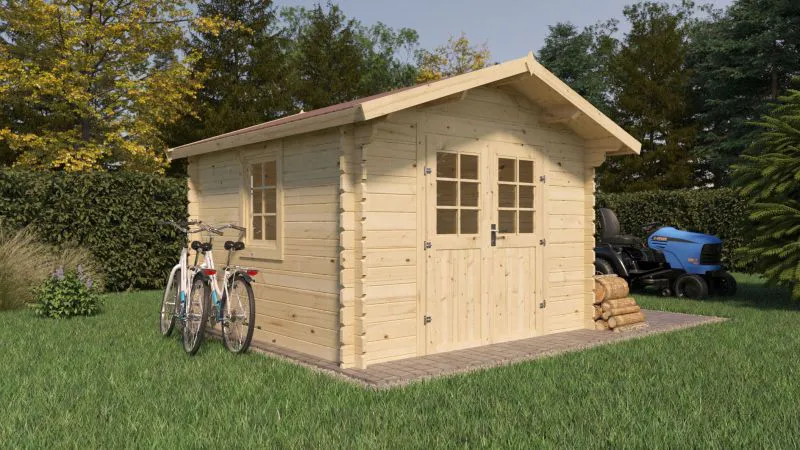 Gartenhaus Wiesentraum 05, Naturbelassen, 44 mm Blockbohlenhaus, Grundfläche 9 m², Satteldach, mit 1 Doppeltür und 1 Einzelfenster