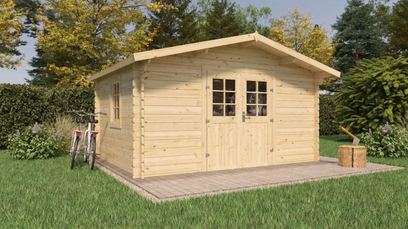 Gartenhaus Wiesentraum 07, Grundfläche 12 m², 44 mm Blockbohlenhaus, Naturbelassen, Satteldach, mit 1 Doppeltür und 1 Einzelfenster