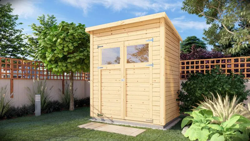 Gartenhaus 1,39 x 1,91 Meter (inkl. Dach) | aus Holz | aus vorgefertigten Elementen| unbehandelt | mit Pultdach Abbildung