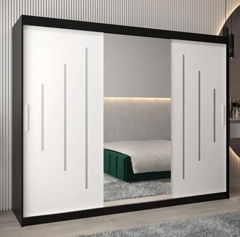 Schiebetürenschrank / Kleiderschrank mit Spiegel Tomlis 06A, Farbe: Schwarz / Weiß matt - Abmessungen: 200 x 250 x 62 cm (H x B x T)