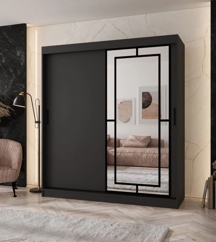 Schiebetürenschrank | Schwarz Matt | 10 Fächer | 2 Kleiderstangen | hochwertig Verarbeitet | 180 x 62 x 200 cm | Kleiderschrank | Spiegeltür | modernes Design