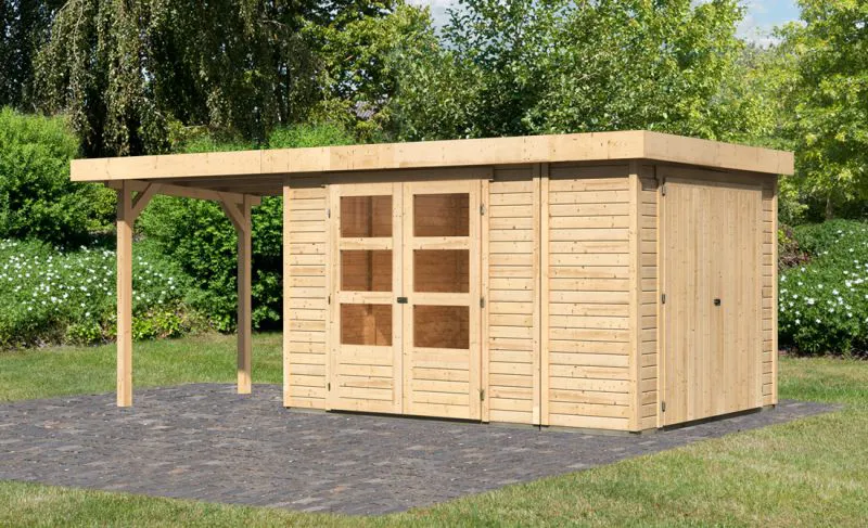 Gartenhaus SET naturbelassen mit Anbauschrank, Schleppdach 240 cm, Grundfläche: 7,75m²