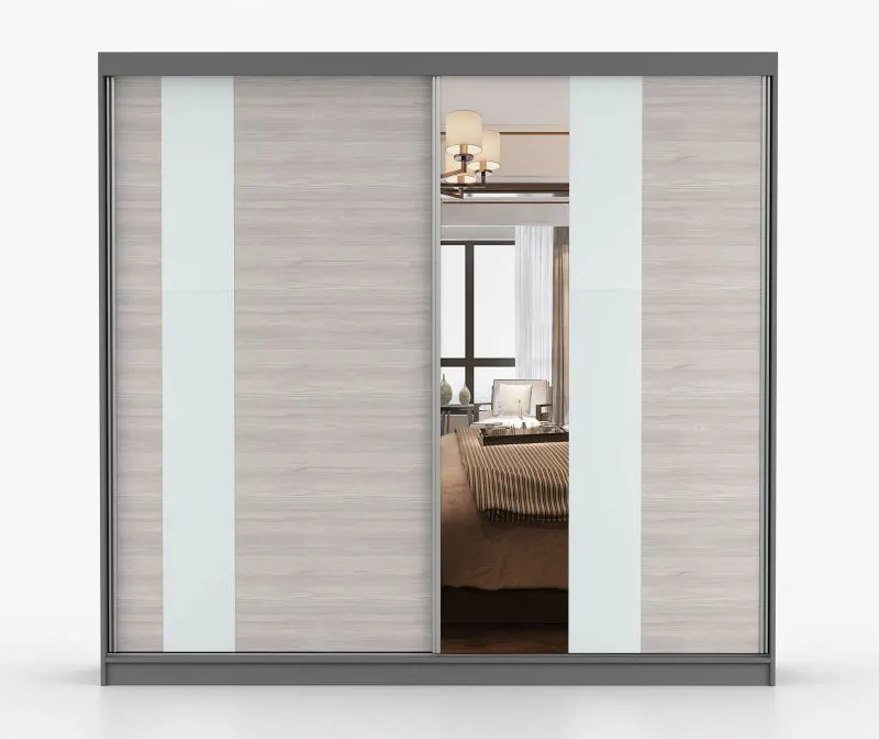 Schiebetürenschrank / Kleiderschrank mit Spiegel | Grau-Weiß / Grau | Gorski 61 | 218 x 233 x 61 cm | 2 Türen | 12 Fächer | viel Stauraum | eckig