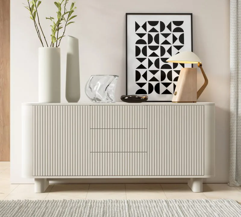 Kommode | 2 Drehtüren | Push-to-open Funktion | Kaschmir | 3 Schubladen | 4 Fächer | 150 x 40 x 70 cm | Push-to-open Funktion | Lamellen Front | für Wohnzimmer