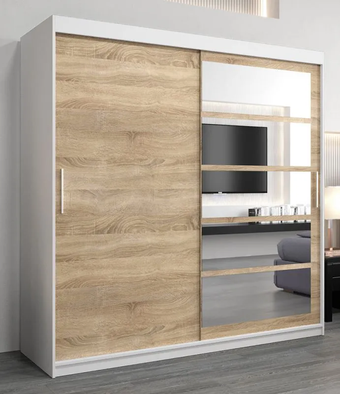 Schiebetürenschrank / Kleiderschrank Aizkorri 05A mit Spiegel, Farbe: Weiß matt / Eiche Sonoma - Abmessungen: 200 x 200 x 62 cm (H x B x T)