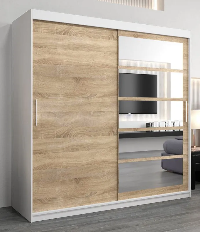 2 Meter breiter Kleiderschrank mit 2 Türen | Farbe: Sonoma Eiche / Weiß Abbildung