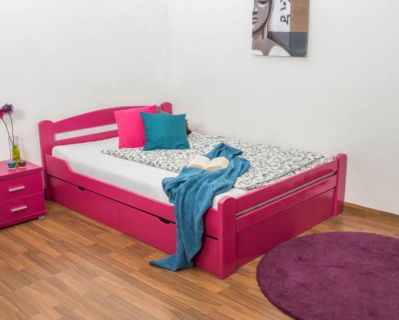 Einzelbett / Funktionsbett "Easy Premium Line" K4, inkl. 2 Schubladen und 1 Abdeckblende, 140 x 200 cm Buche Vollholz massiv rosa lackiert