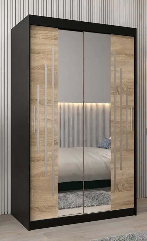 Schiebetürenschrank / Kleiderschrank mit Spiegel Tomlis 02A, Farbe: Schwarz / Eiche Sonoma - Abmessungen: 200 x 120 x 62 cm (H x B x T)