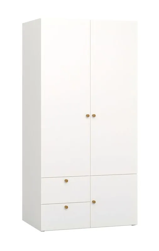 Eleganter Kleiderschrank mit sechs Fächer Aenna 30, Farbe: Weiß / Grau, inkl. LED-Beleuchtung, Griffe: Eiche, Maße: 202,5 x 100,5 x 60 cm, zwei Schubladen