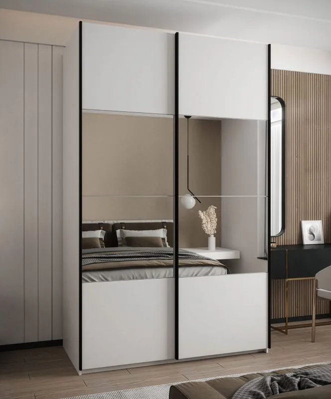 Kleiderschrank / Schiebetürenschrank | 245,5 x 160 x 64 cm | 11 Fächer | Farbe: Weiß | Soft-Close-Funktion | Spiegel | 2 Schiebetüren | 2 Kleiderstangen