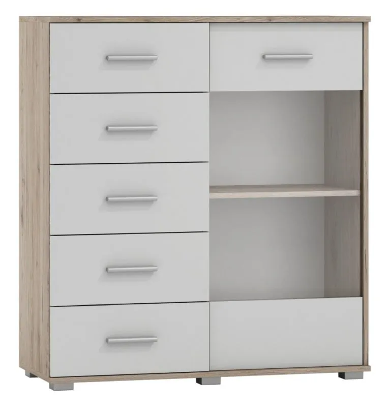 Vitrine Kavieng 05, Farbe: Eiche / Weiß - Abmessungen: 110 x 99 x 40 cm (H x B x T)