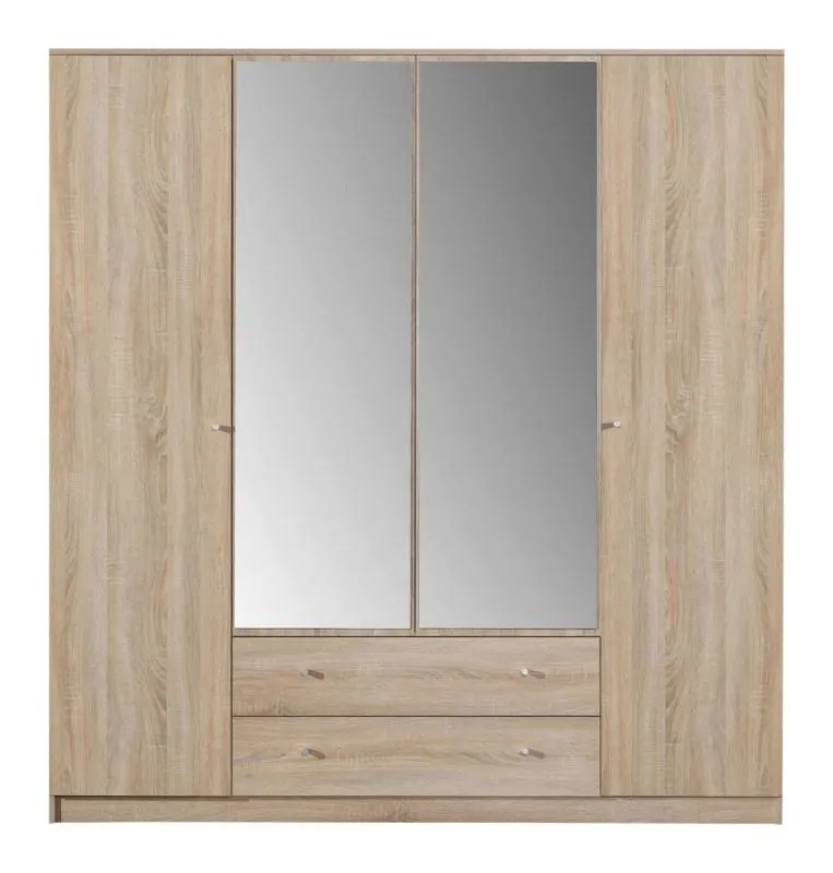 Kleiderschrank | 4 Drehtüren | 2 Schubladen | 7 Fächer | mit 2 Kleiderstangen | 200 cm breit | Farbe: Sonoma Eiche Abbildung
