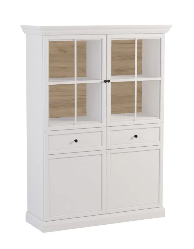 Vitrine Torsakala 09 in Weiß Opal, 161 x 114 x 40 cm, 8 Fächer, 4 Einlegeböden, 2 Schubladen, 2 Holztüren, 2 Glastüren, inkl. LED-Beleuchtung, ABS
