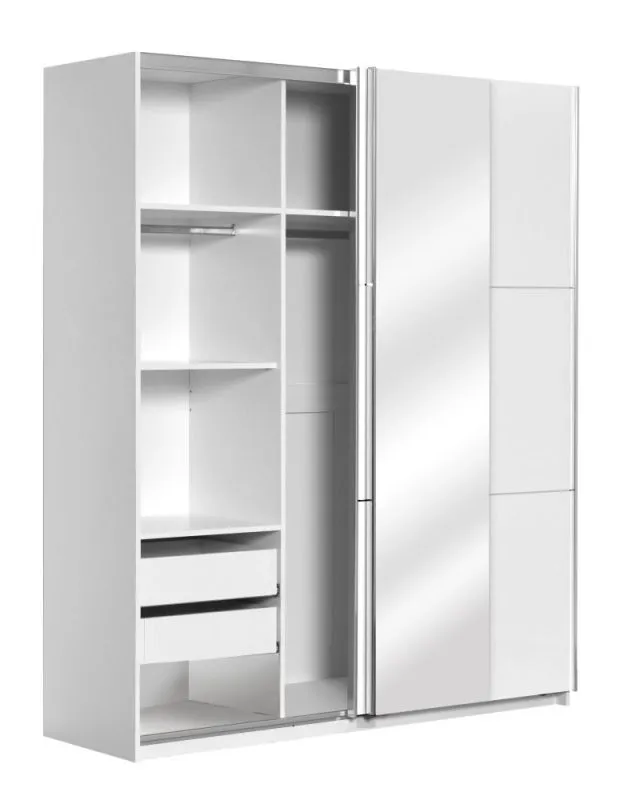 Kleiderschrank | 2 Schiebetüren | 2 Schubladen | 6 Fächer | mit 2 Kleiderstangen | 179 cm breit | Farbe: Weiß Abbildung