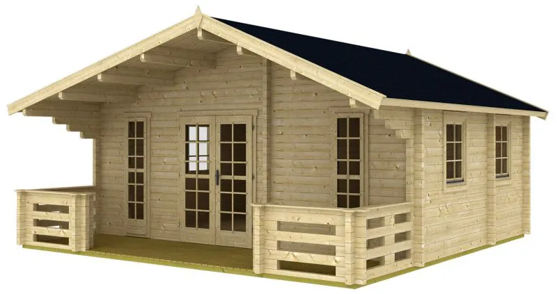 Gartenhaus 5,95 x 6,49 Meter (inkl. Dach) | 5 Fenster | 70 mm Blockbohlen |natur unbehandelt | Satteldach | inkl. Fußboden | aus nordischer Fichte Abbildung