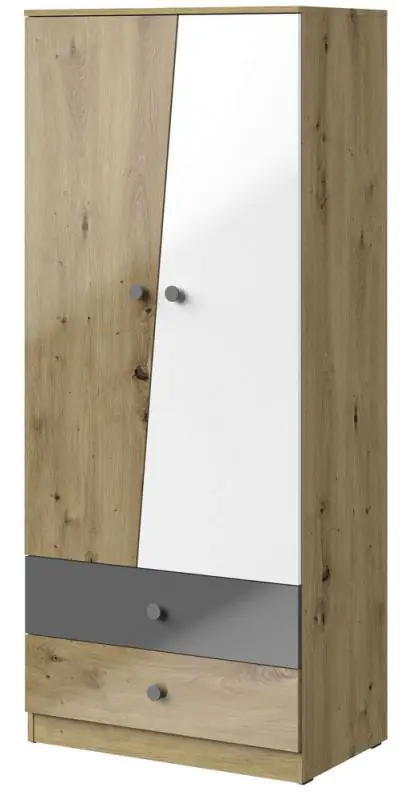 80 cm breiter Kleiderschrank mit 2 Türen, 4 Fächern und 2 Schubladen | Farbe: Eiche | Tiefe: 50 cm Abbildung