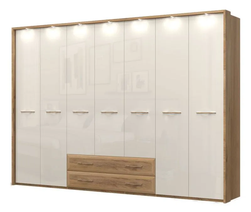 Drehtürenschrank / Kleiderschrank mit LED-Rahmen Gataivai 60, Farbe: Beige Hochglanz / Walnuss - Abmessungen: 224 x 322 x 60 cm (H x B x T)