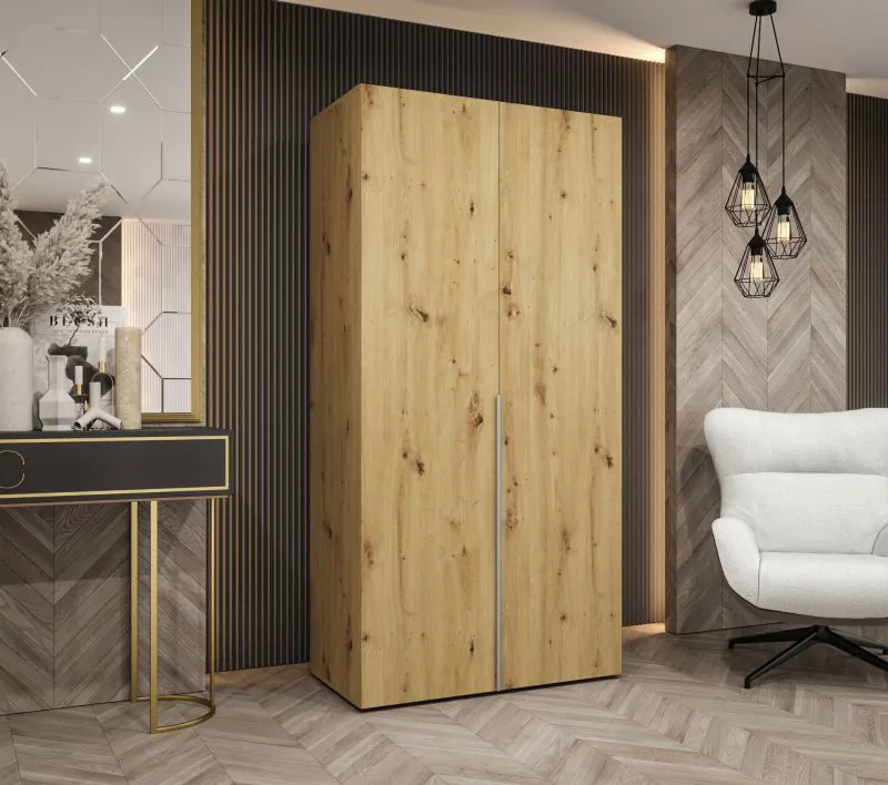 Drehtürenschrank mit einer Kleiderstange Eiger 02, Farbe: Eiche Artisan, 1 Meter breit, Kleiderschrank, Griffe: Kaschmir, ein Fach, zwei Türen, Soft-Close