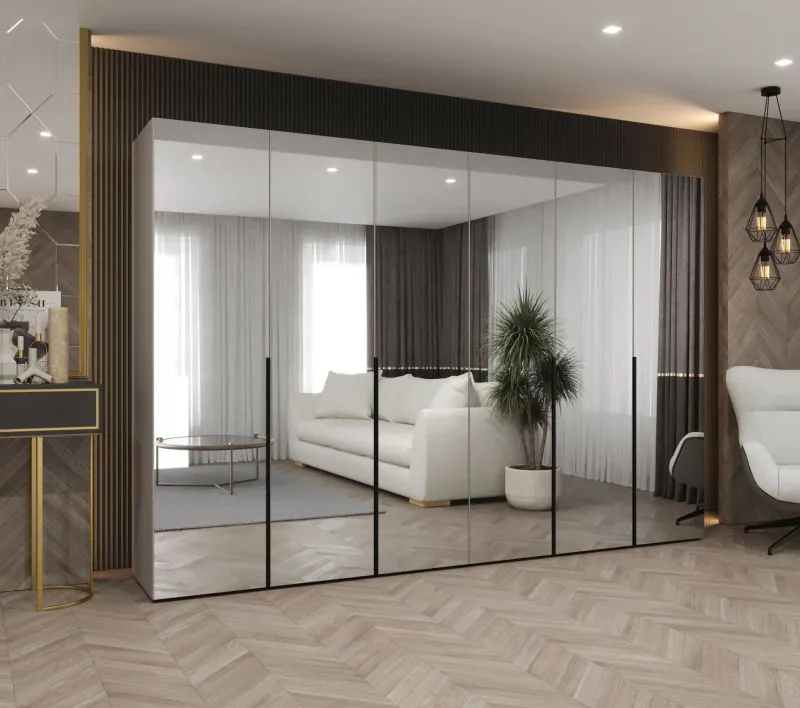 Drehtürenschrank / Kleiderschrank mit vier Kleiderstangen Eiger 163, Farbe: Kaschmir, vier Fächer, 3 Meter breit, Soft-Close-Funktion, Griffe: Schwarz