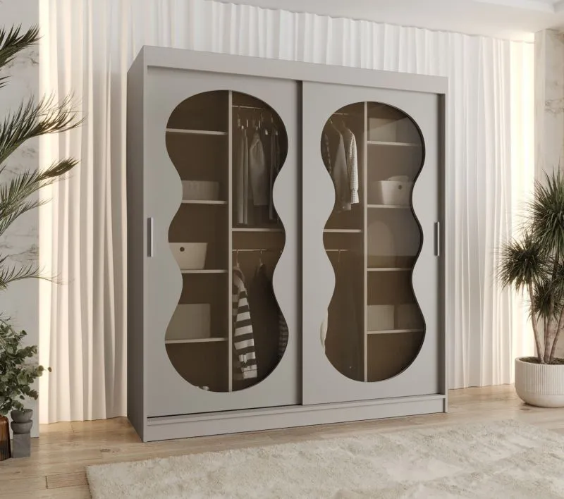 Kleiderschrank Ortler 12, 10 Fächer, Farbe: Kaschmir, Schiebetüren mit Rauchglas, 1,8 Meter breit, aus hochwertigen Materialien, zwei Kleiderstangen