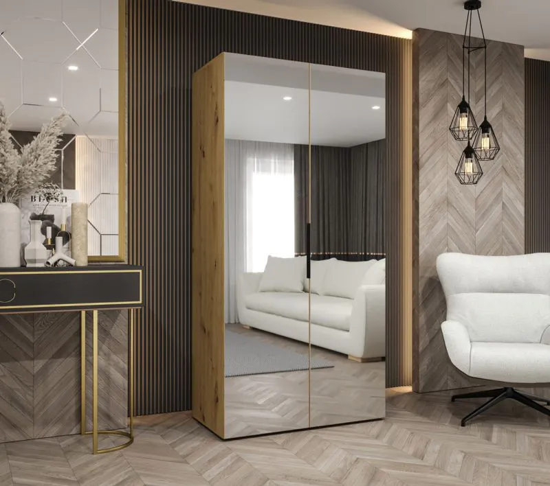 Kleiderschrank / Drehtürenschrank mit zwei Spiegeltüren Korab 110, Farbe: Eiche Artisan, 1 Meter breit, eine Kleiderstange, Soft-Close, Griffe: Schwarz