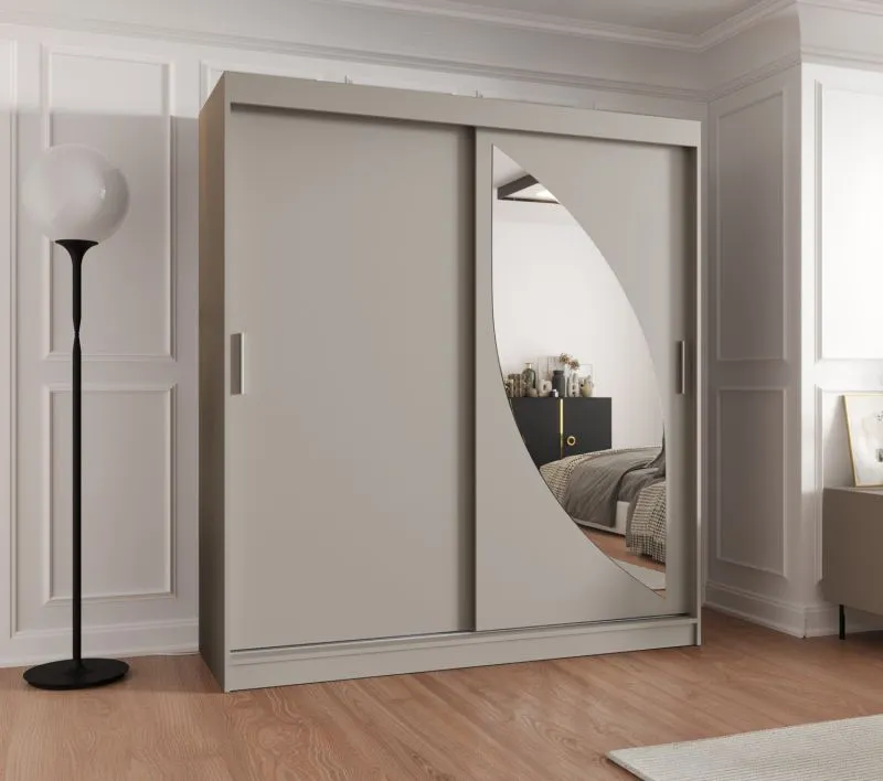 Kleiderschrank / Schiebetürenschrank Jorasses 16, Farbe: Kaschmir, Aluminiumschienen, 10 Fächer, 1,8 Meter breit, eine Spiegeltür, zwei Kleiderstangen
