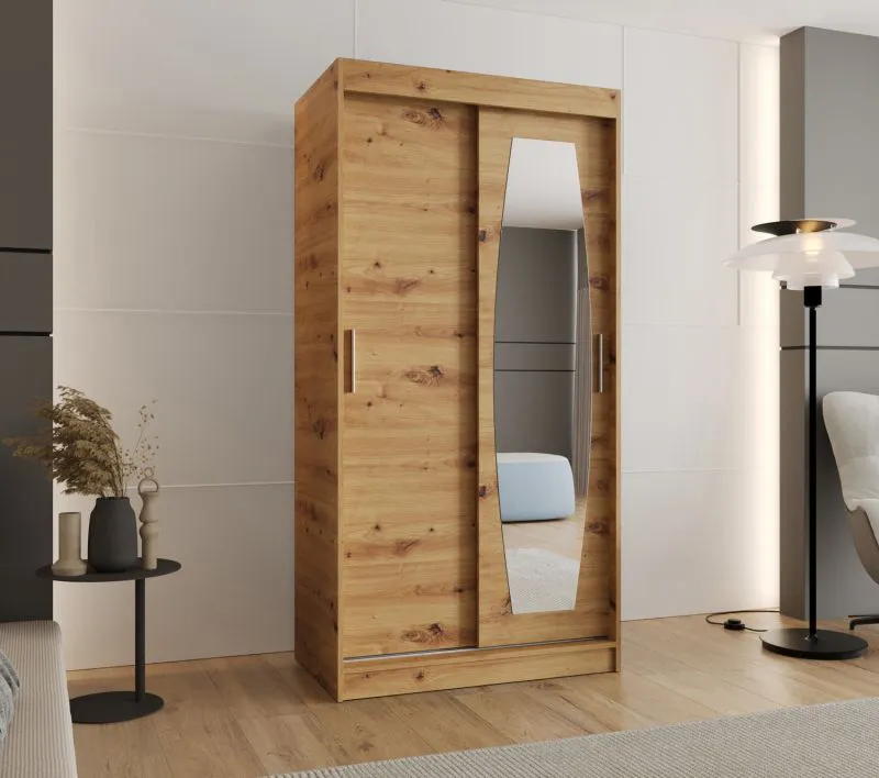 Schiebetürenschrank mit einer Spiegeltür Musala 01, Farbe: Eiche Artisan, 1 Meter breit, fünf Fächer, zwei Kleiderstangen, Aluminiumschienen, Kleiderschrank