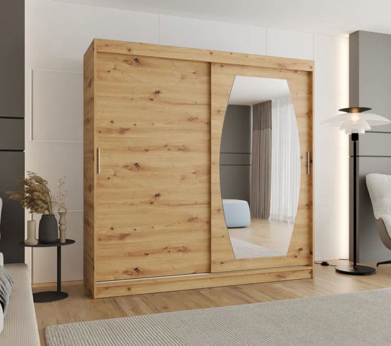 Schiebetürenschrank mit einer Spiegeltür Musala 17, Farbe: Eiche Artisan, 2 Meter breit, 10 Fächer, zwei Kleiderstangen, Aluminiumschienen, Kleiderschrank