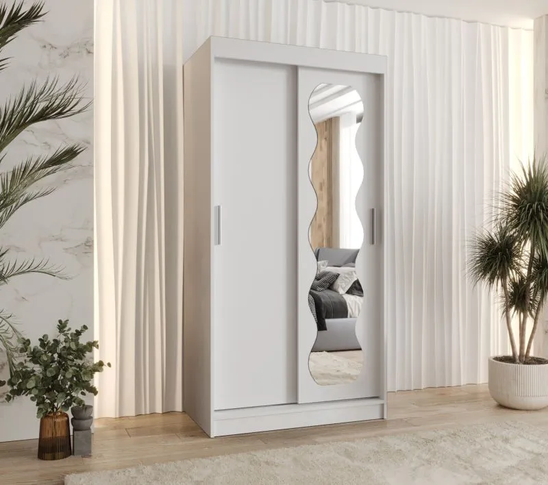 Kleiderschrank mit fünf Fächer Bernina 02, Farbe: Weiß, Aluminiumschienen, 1 Meter breit, eine Tür mit Spiegel, zwei Kleiderstangen, Schiebetürenschrank