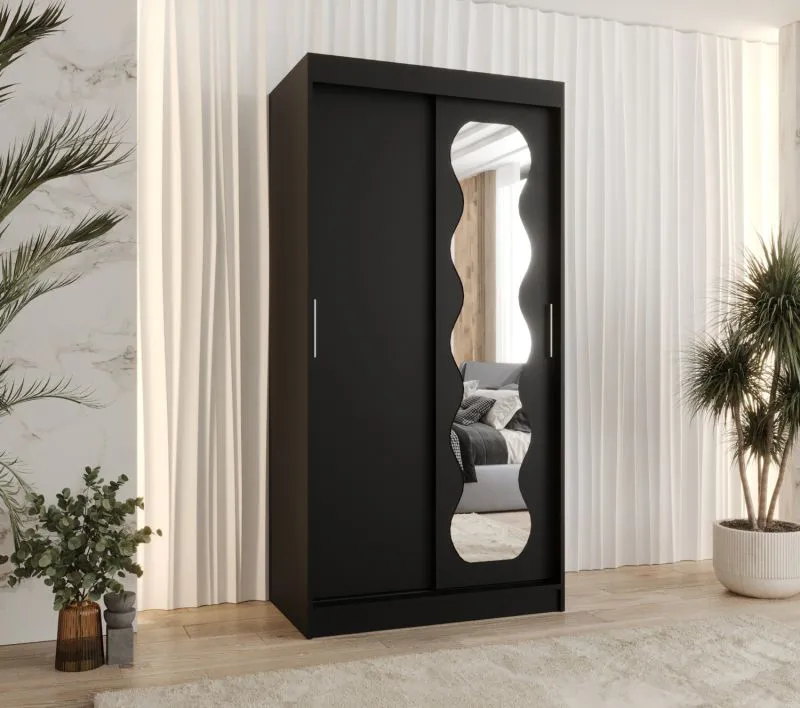 Schiebetürenschrank / Kleiderschrank Bernina 03, Farbe: Schwarz, 1 Meter breit, eine Tür mit Spiegel, fünf Fächer, zwei Kleiderstangen, Aluminiumschienen