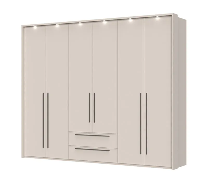 Großer Kleiderschrank mit sechs Türen Neiafu 78, zwei Schubladen, LED-Rahmen, Maße: 226 x 277 x 60 cm, Soft-Close-Funktion, drei Kleiderstangen