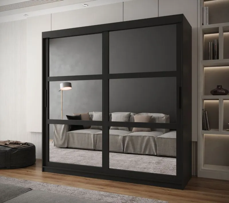 Moderner Kleiderschrank Elbrus 10, Schwarz Matt, Maße: 200 x 200 x 62 cm, 9 Holzeinlegeböden, 2 Kleiderstangen, Schiebetüren mit Spiegeln