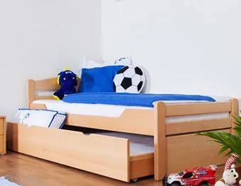 Bettrahmen für Kinder 90 x 200 cm mit Ausziehbett 90 x 190 cm als Gästebett-Funktion | Massivholz: Buche | Natur Lackiert | inkl. 2. Liegeplatz 90 x 190 cm ausziehbar und 2 Rollrost Abbildung