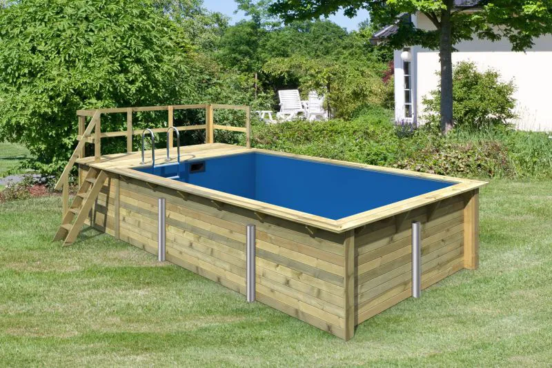 Holzpool 3 SET rechteckig, Farbe: Natur KDI, Ø 637 cm, inkl. Filterpaket, Leitern & Terrasse