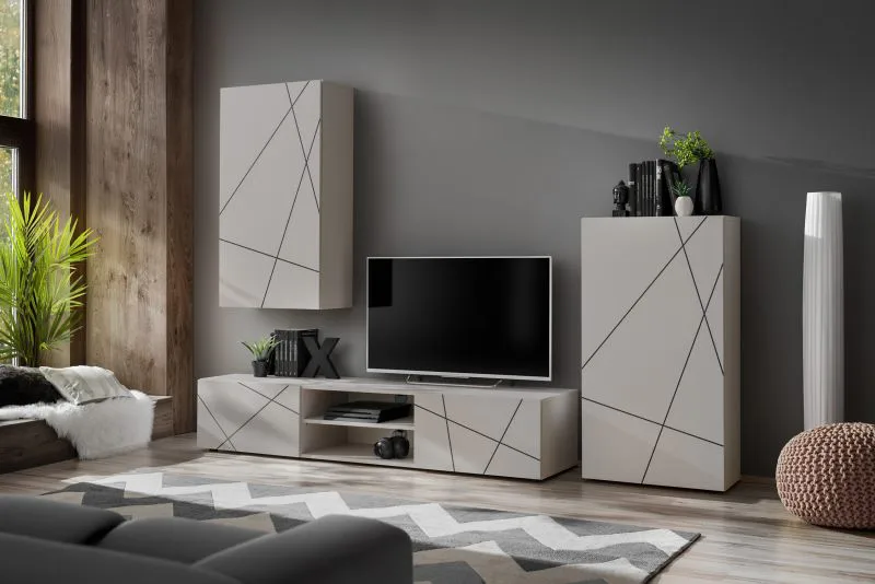 Wohnwand | Farbe: Kaschmir | Maße: 250 x 45 x 180 cm | 1 Schrank | 1 TV-Unterschrank | 1 Hängeschrank | modernes Design | 7 Fächer | für Wohnzimmer