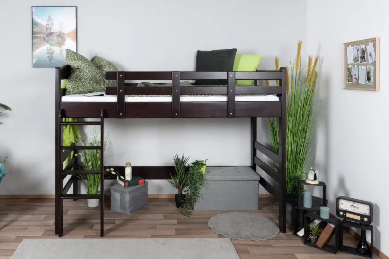 Hochbett 90 x 190 cm, "Easy Premium Line" K22/n, Buche Massivholz Schokobraun, teilbar