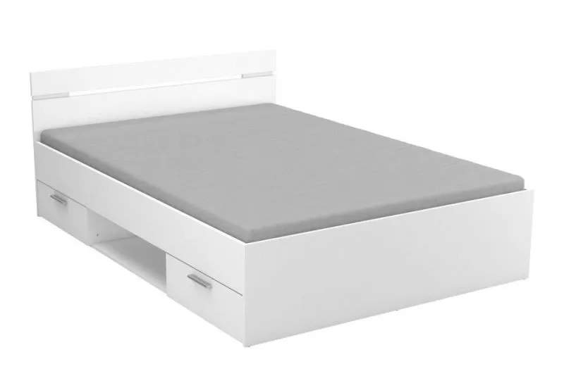 Schlichtes Doppelbett mit zwei Schubladen Damboa 43, Farbe: Weiß, gut kombinierbar, Liegefläche: 160 x 200 cm, ein offenes Fach