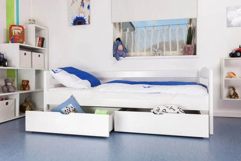 Kinderbett 90 x 200 cm | Massivholz: Buche | Weiß Lackiert | inkl. 2 Schubladen und Lattenrost Abbildung