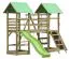 Spielturm S17 inkl. 2 Türme, Holzbrücke, Wellenrutsche, 2 Sandkästen, Doppelschaukel-Anbau, Kletterwand, Strickleiter und Holzleiter - Abmessungen: 430 x 380 cm (B x T)