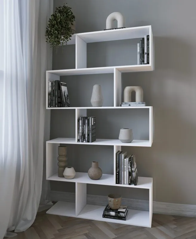 Regal Kareo 2 | Farbe: Weiß | offenes Regalsystem | 106,2 x 32 x 185 cm | Wohnzimmer | asymmetrisches Design | Garderobe