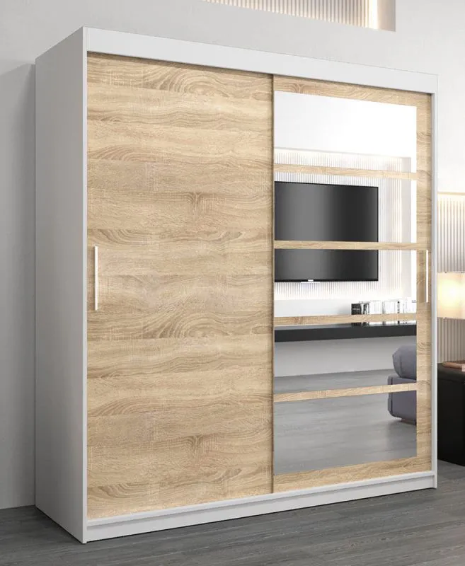 180 cm breiter Schiebetürenschrank mit 2 Türen | 10 Fächer | 2 Kleiderstangen | Farbe: Sonoma Eiche / Weiß Abbildung
